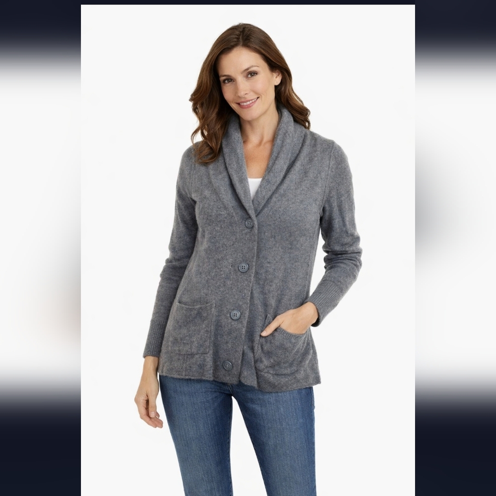 Cynthia Rowley Cashmere Cardigan Size M Gray Button Pockets Cowl Neck